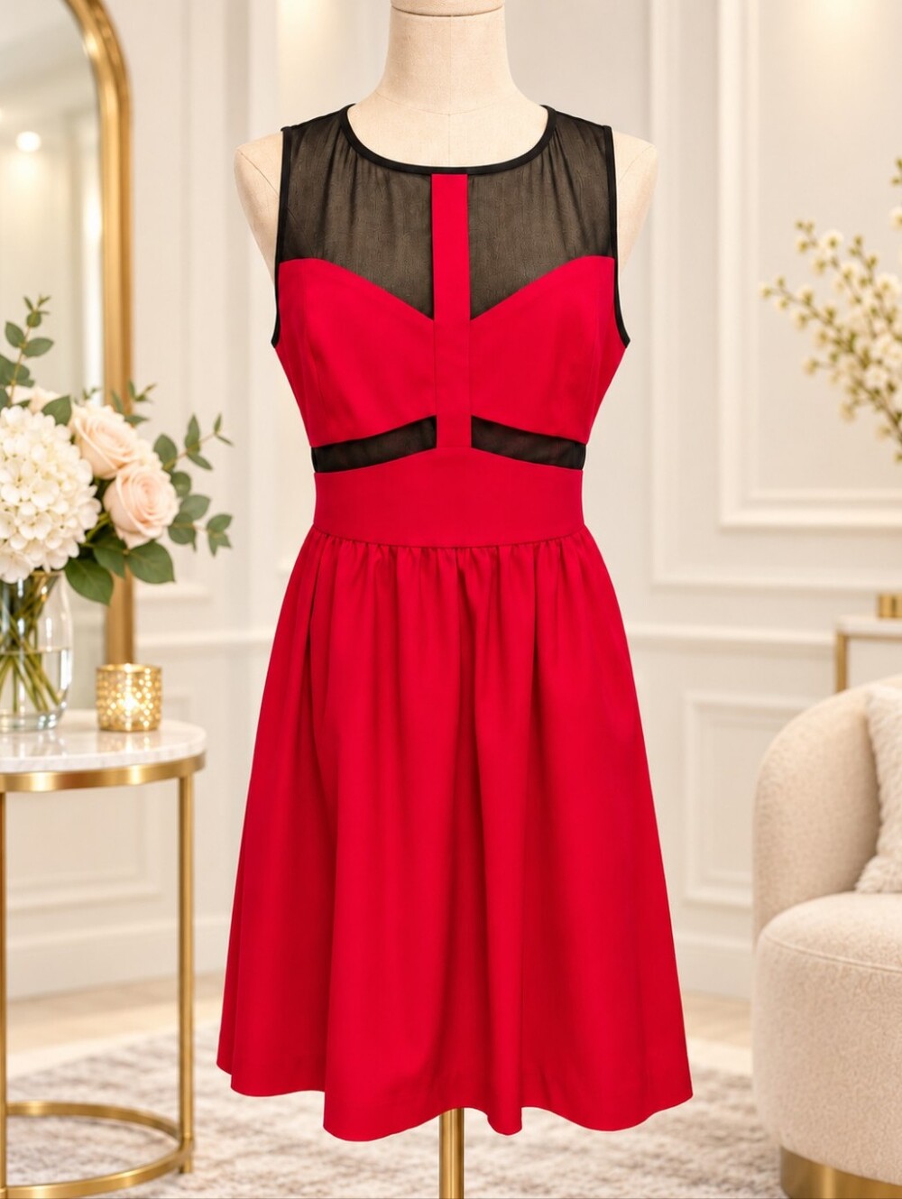 Kensie Red Black Mesh Illusion Fit & Flare Cocktail Dress NWT Size 8